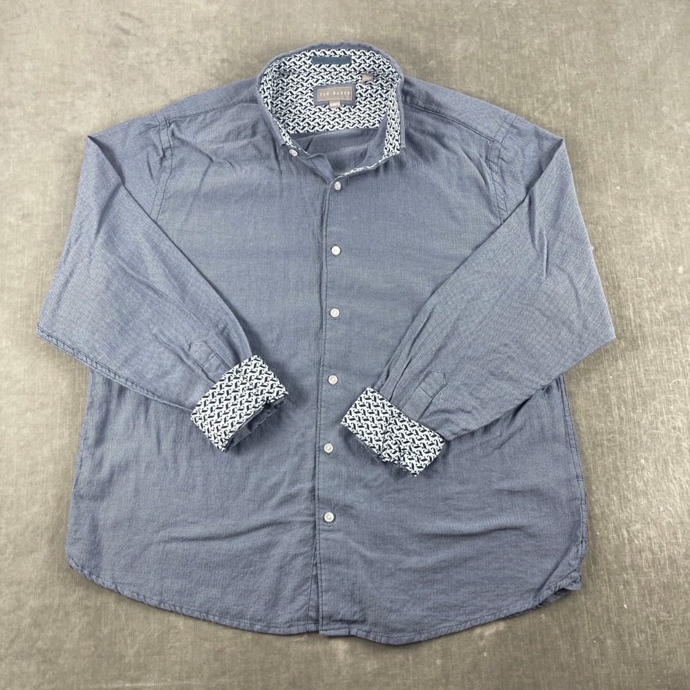 Ted Baker Men XXL Blue Button Front Shirt Herringbone Contrast Cuff Long Sleeve